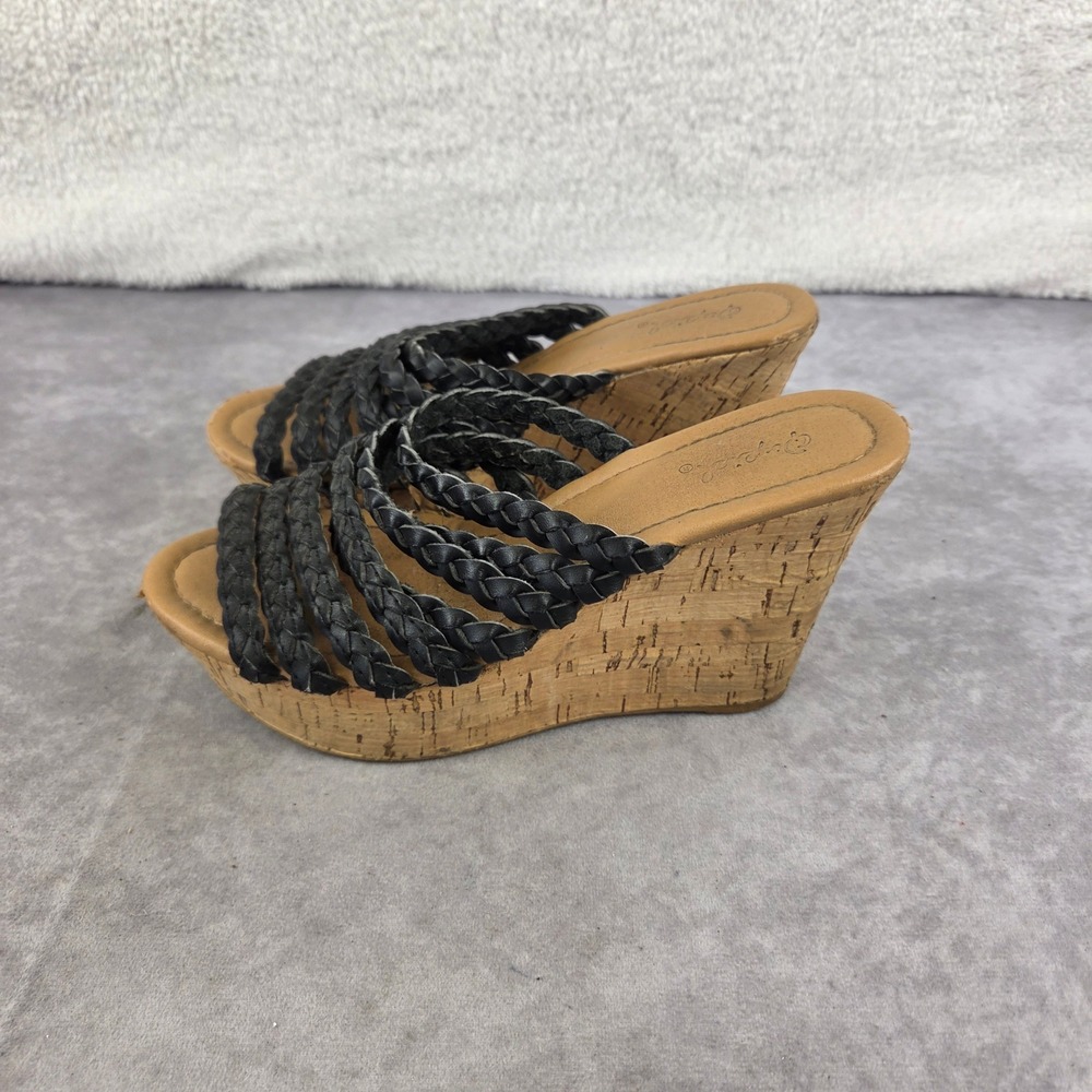 Qupid Womens Black Braided Multi Strap Cork Platform Wedge Sandals Size 8.5